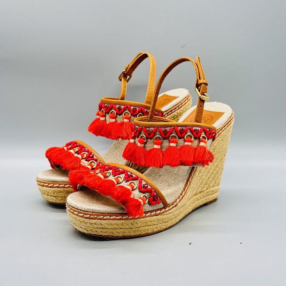 Tory Burch Sandals Womens 7.5 Beige Linen Espadrille Platform Wedge Tassel Shoes - Picture 3 of 11